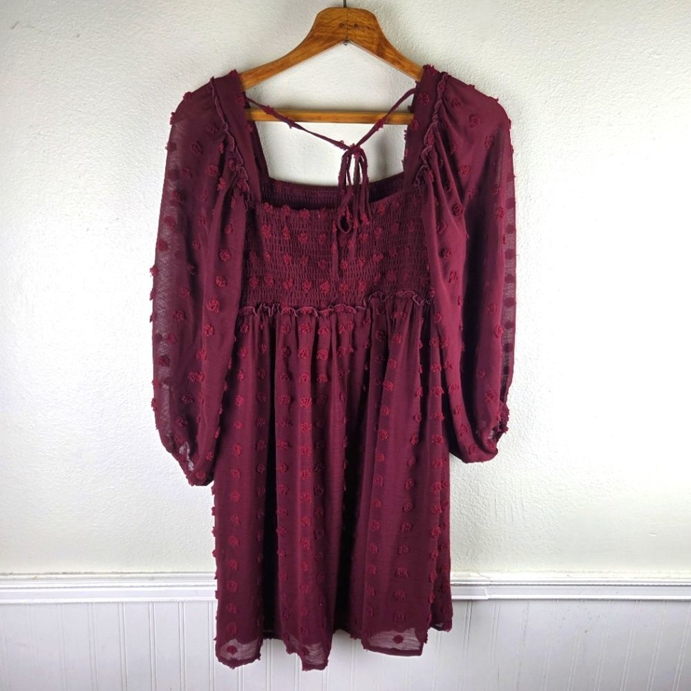 Listicle Women's Medium Burgundy Textured Polka Dot Smocked Babydoll Dress